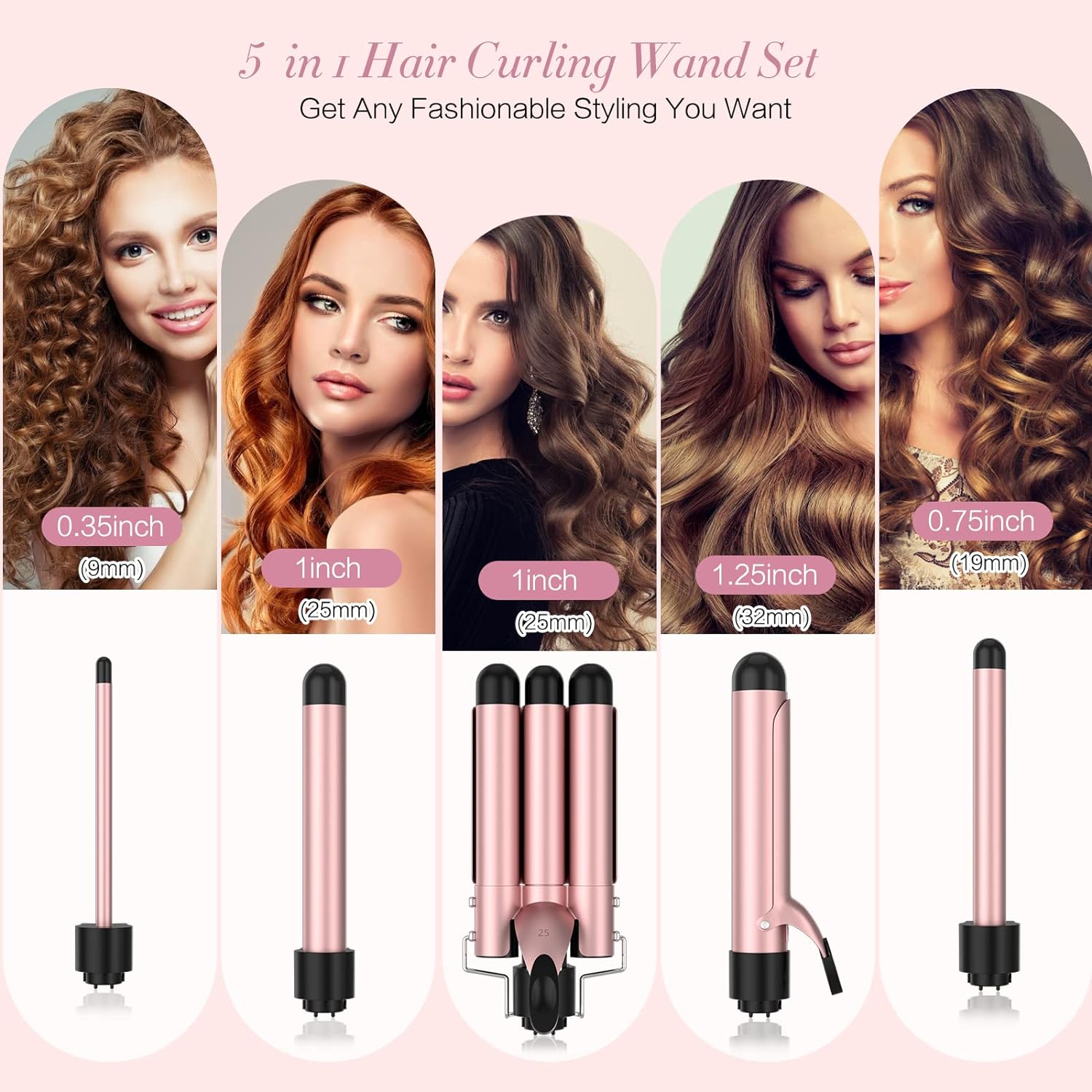 Curling Iron, 5 in 1 Curling Wand Set with 3 Barrel Hair Crimper Hair Tool & 4 Interchangeable Ceramic Curling Wand(0.35”-1.25”),